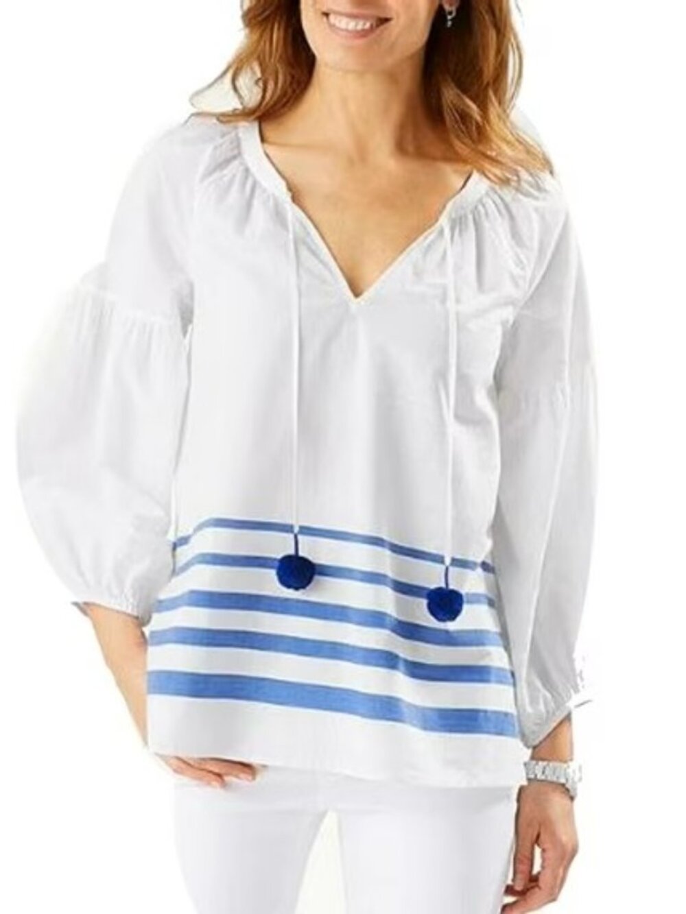 Tommy Bahama Pom Stripe 3/4 Sleeve Cotton Top, Turkish Sea, L